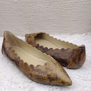 Adrienne Vittadini Fox Tan Snakeskin Scalloped Edge Pointed-Toe Slip On Flats